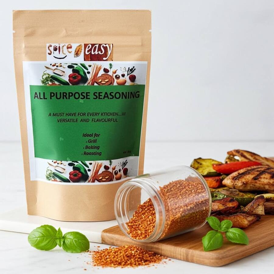 Spice n Easy All Purpose seasoning pouch standing upright on a dark surface with scattered seasoning in front