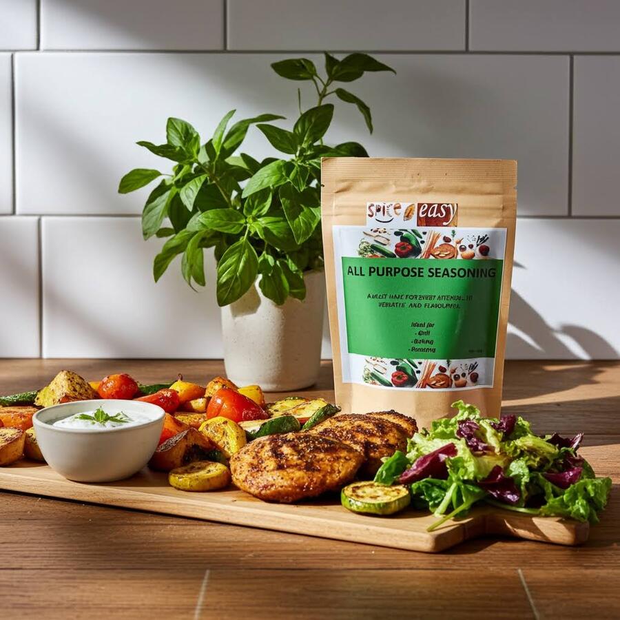 Spice n Easy All Purpose seasoning pouch beside roasted vegetables and grilled meat on a serving board