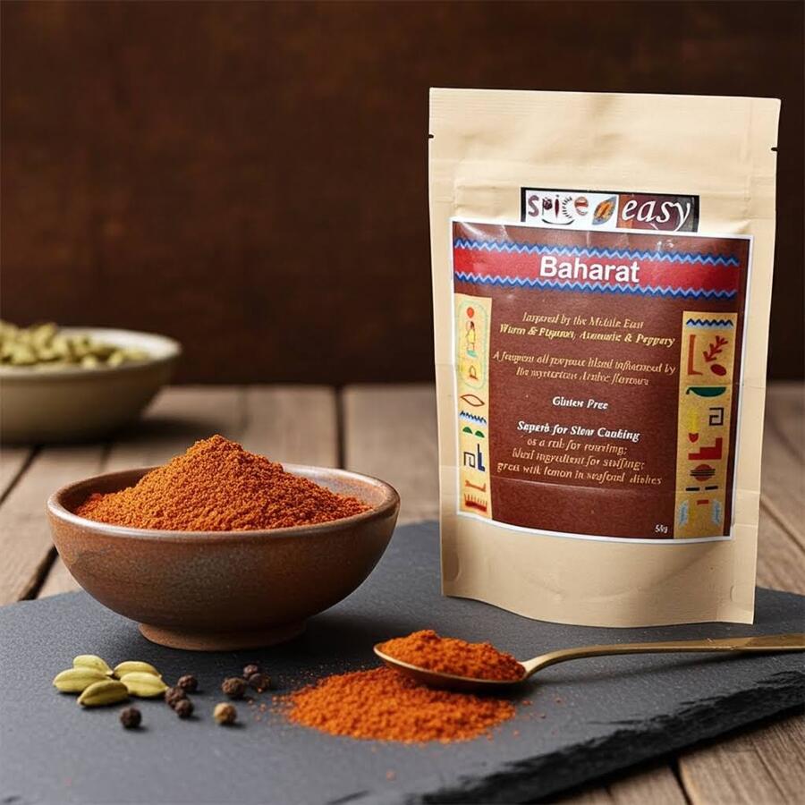 Baharat spice blend pouch beside a bowl of ground spice, with cardamom pods and peppercorns on a slate board.