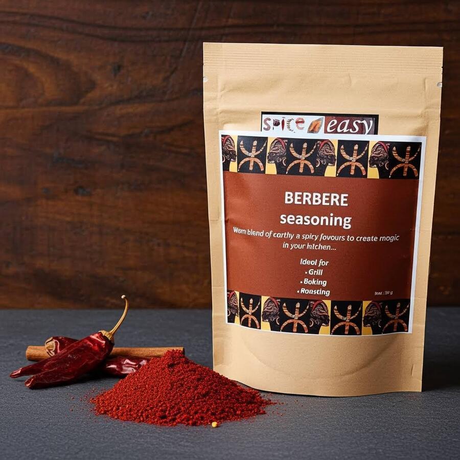 Spice n Easy Berbere spice blend pouch standing upright on a dark background