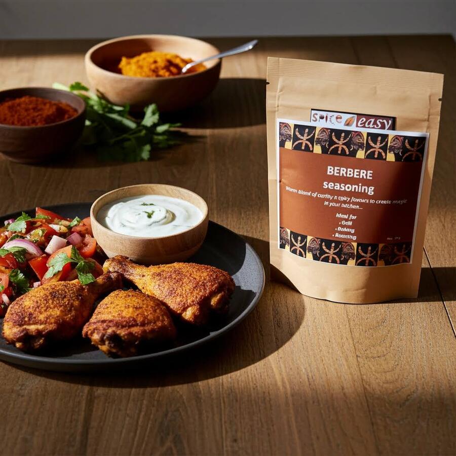 Spice n Easy Berbere spice blend pouch beside a plated spiced meat dish with vegetables
