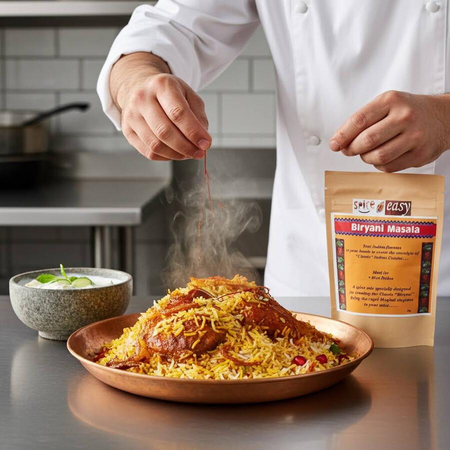 Chef sprinkling saffron threads over a large biryani platter, with Biryani Masala pouch on the counter.