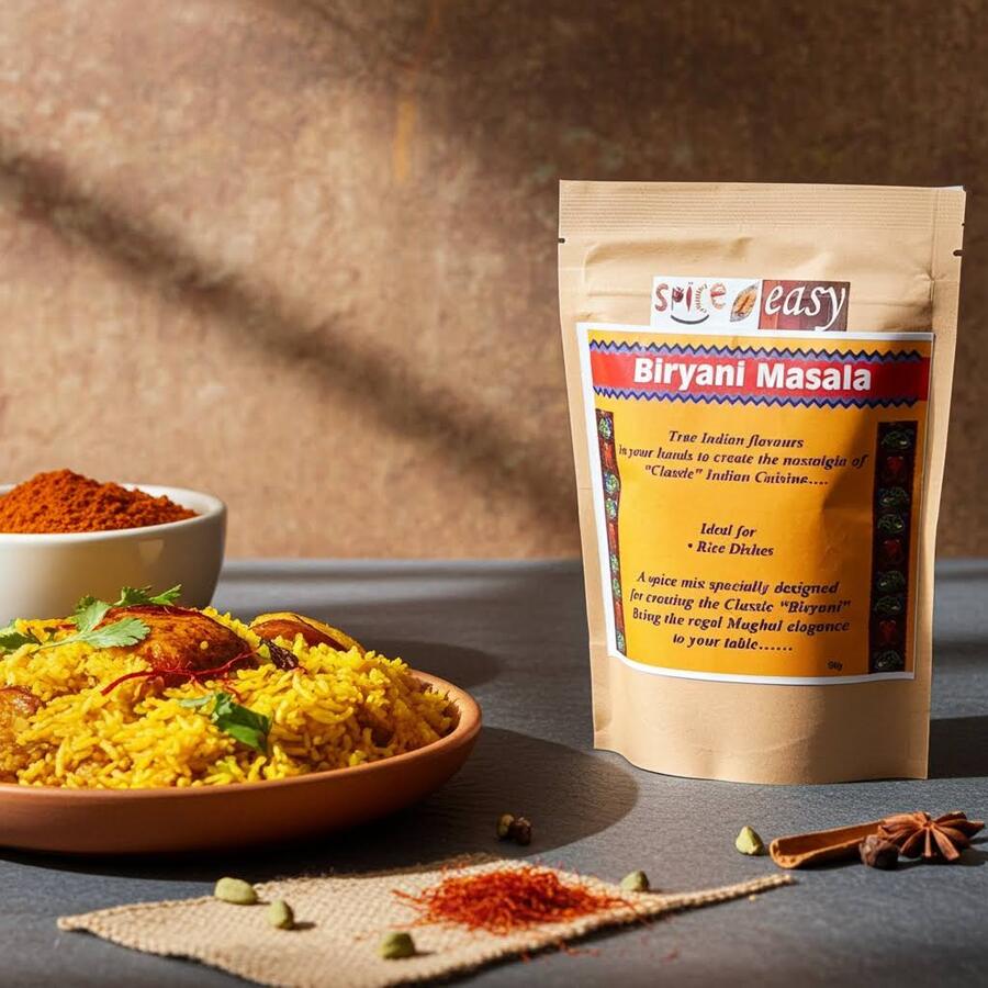 Biryani Masala spice blend pouch beside a bowl of biryani rice, with scattered whole spices on a cloth.