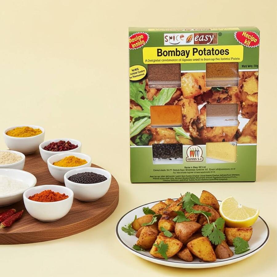 SpicenEasy Bombay potatoes recipe kit packaging showing spice sachets and a bowl of spiced potatoes