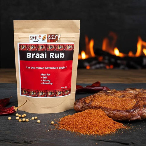 Spice n Easy Braai rub pouch standing upright on a dark surface