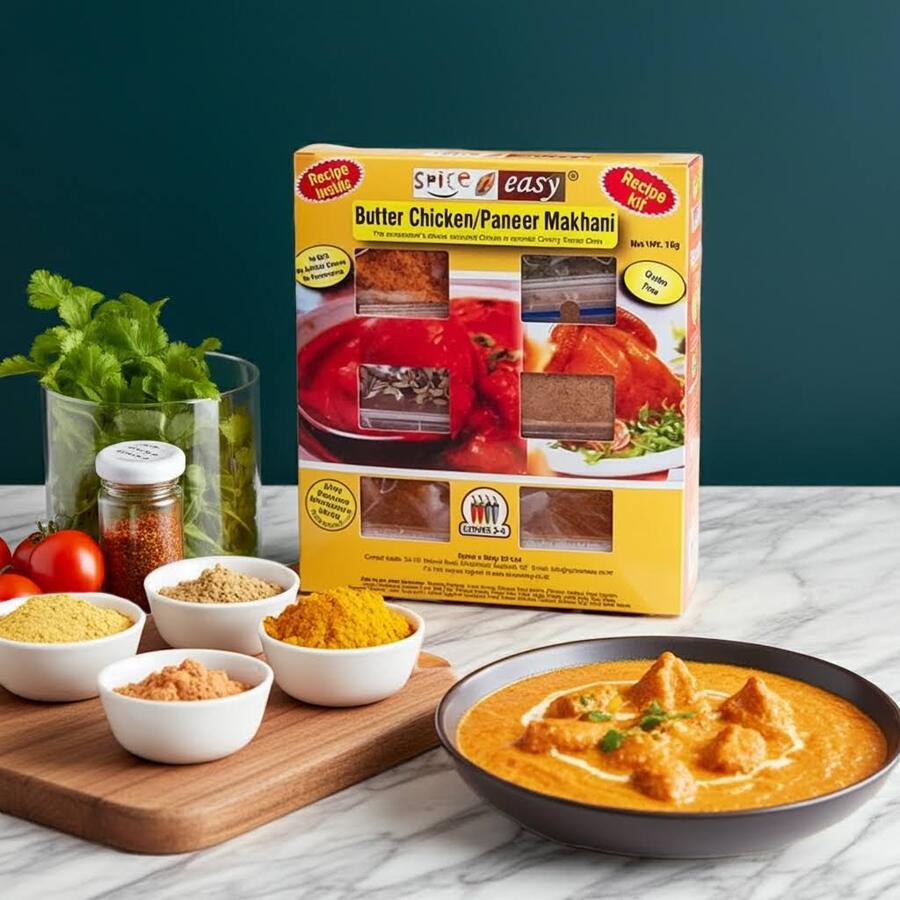 SpicenEasy butter chicken recipe kit packaging showing spice sachets and creamy butter chicken
