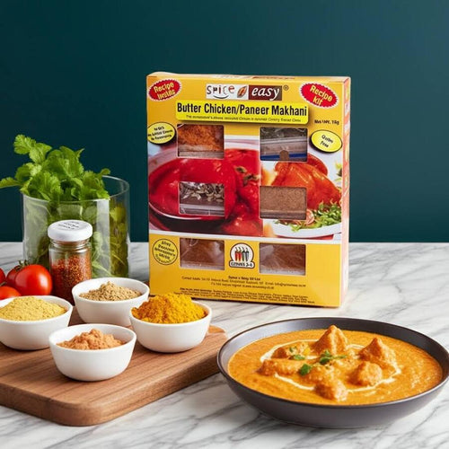 SpicenEasy butter chicken recipe kit packaging showing spice sachets and creamy butter chicken