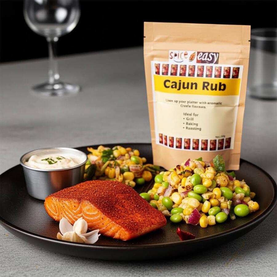 Spice n Easy Cajun rub pouch beside Cajun-spiced chicken with salad and garnish