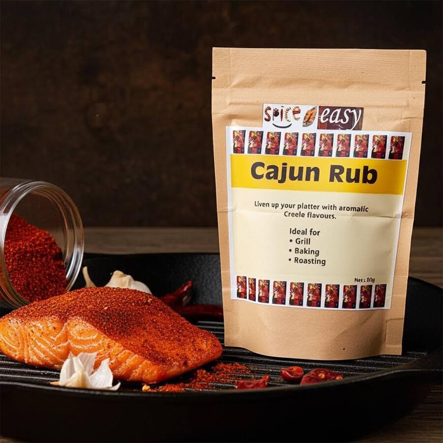Spice n Easy Cajun rub pouch standing upright on a dark background