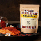 Spice n Easy Cajun rub pouch standing upright on a dark background