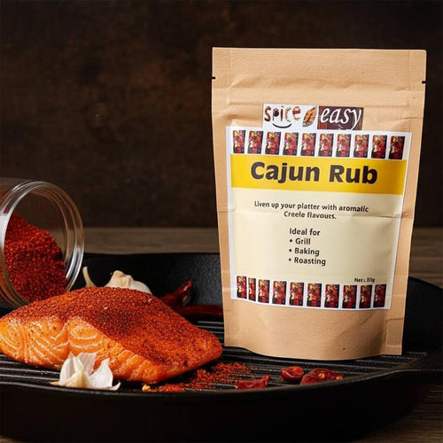 Spice n Easy Cajun rub pouch standing upright on a dark background