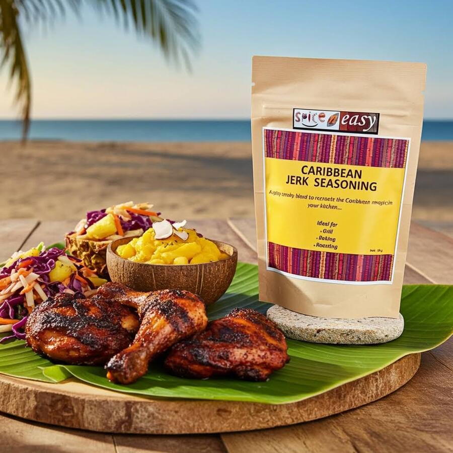 Spice n Easy Caribbean Jerk seasoning pouch beside jerk-style grilled chicken with herbs