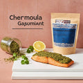 Spice n Easy Chermoula seasoning pouch standing upright on a dark background