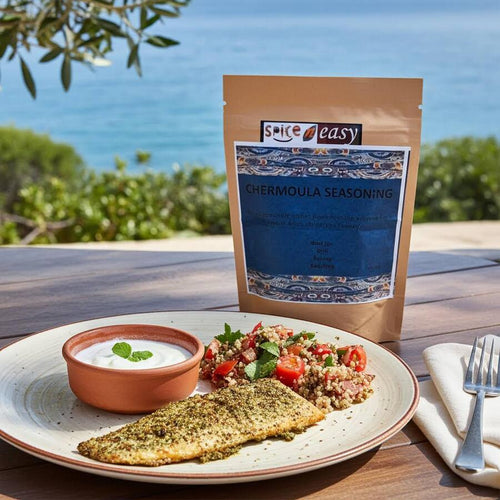 Spice n Easy Chermoula seasoning pouch beside fish and vegetables prepared in chermoula style
