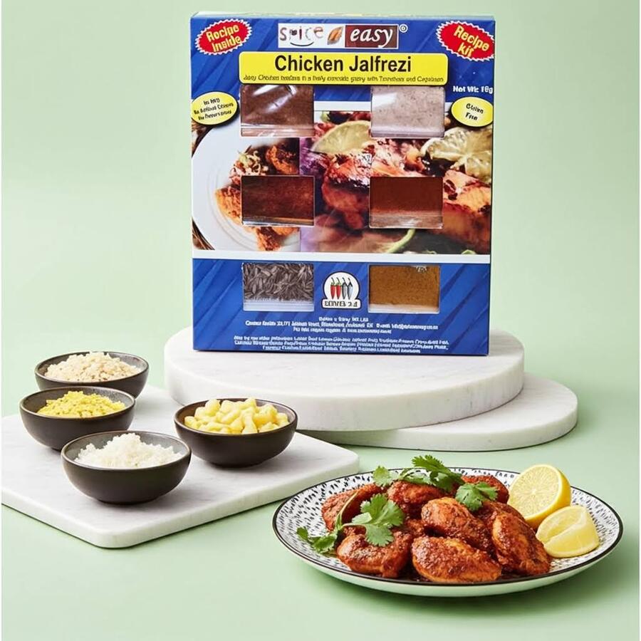 SpicenEasy chicken jalfrezi recipe kit packaging with spice sachets and tomato-based curry