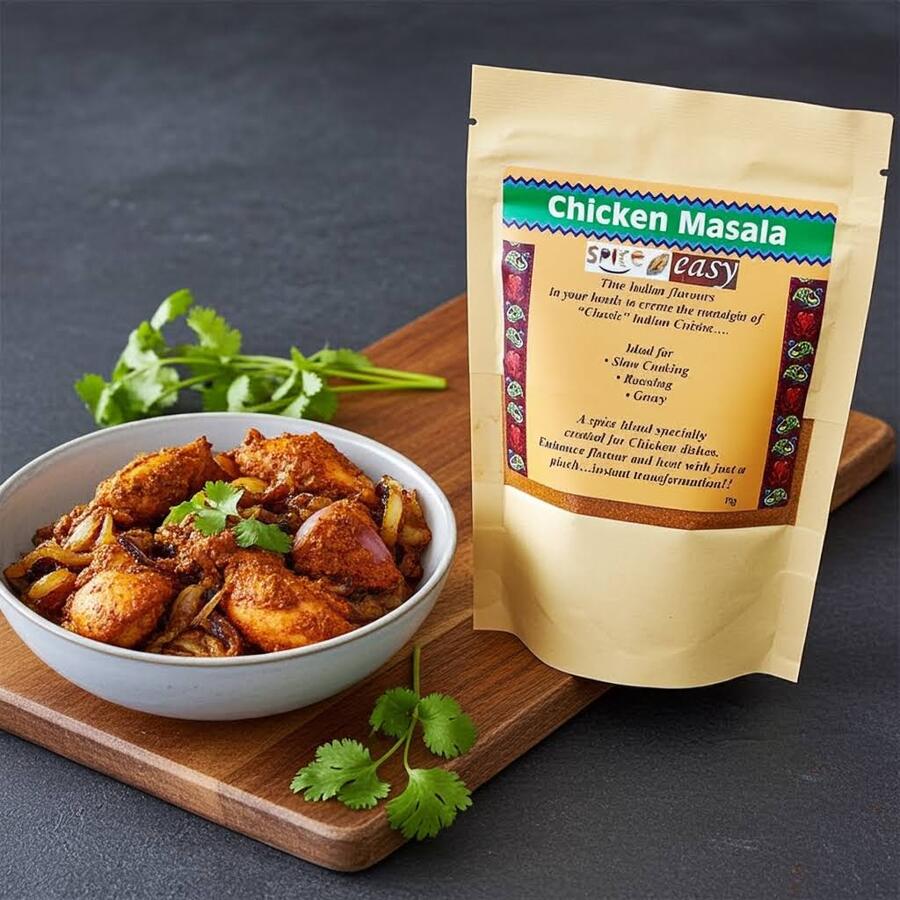 Chicken Masala spice blend pouch beside a bowl of spiced chicken pieces on a wooden board with coriander.