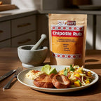 Spice n Easy Chipotle rub pouch beside grilled meat with charred vegetables