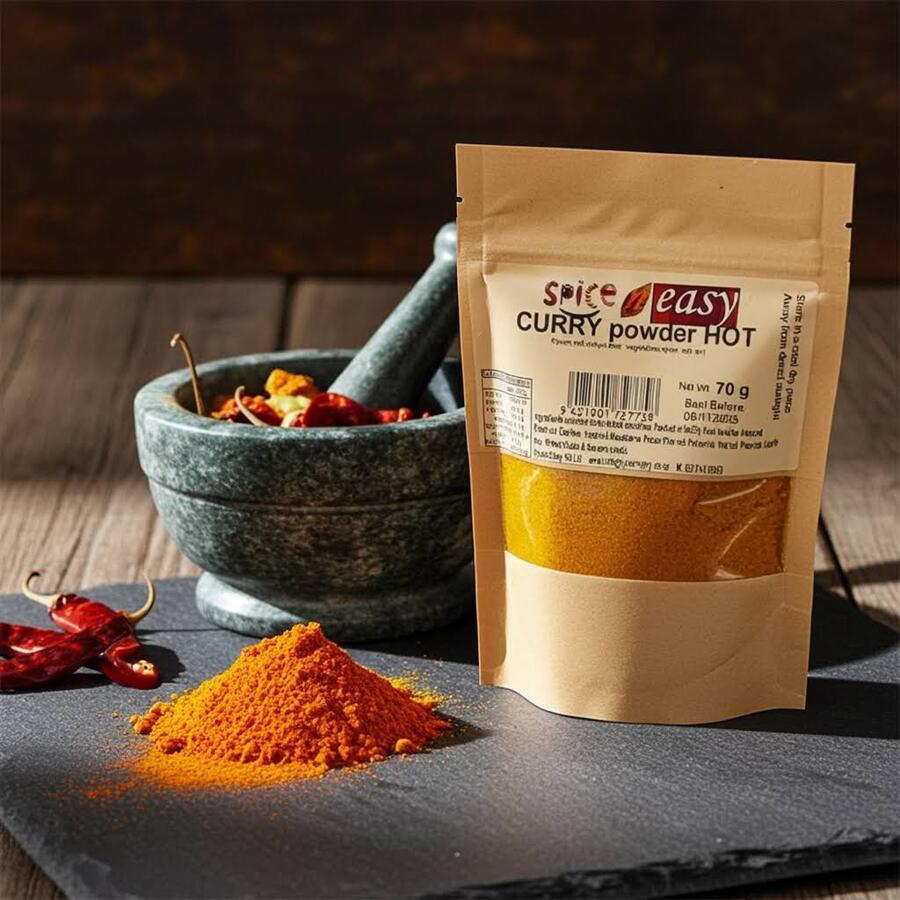 Curry Powder Hot pouch next to a mound of curry powder, dried chillies, and a stone mortar and pestle.