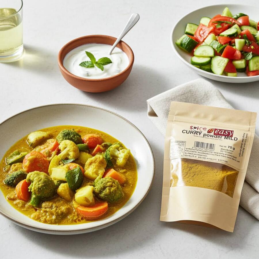 Curry Powder Mild pouch beside a bowl of vegetable curry, yogurt sauce, and a cucumber-tomato salad.