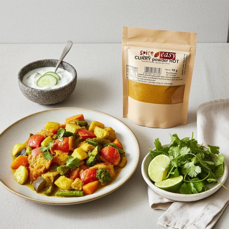 Curry Powder Hot pouch with a plate of vegetable curry, bowl of yogurt with cucumber, lime, and coriander.