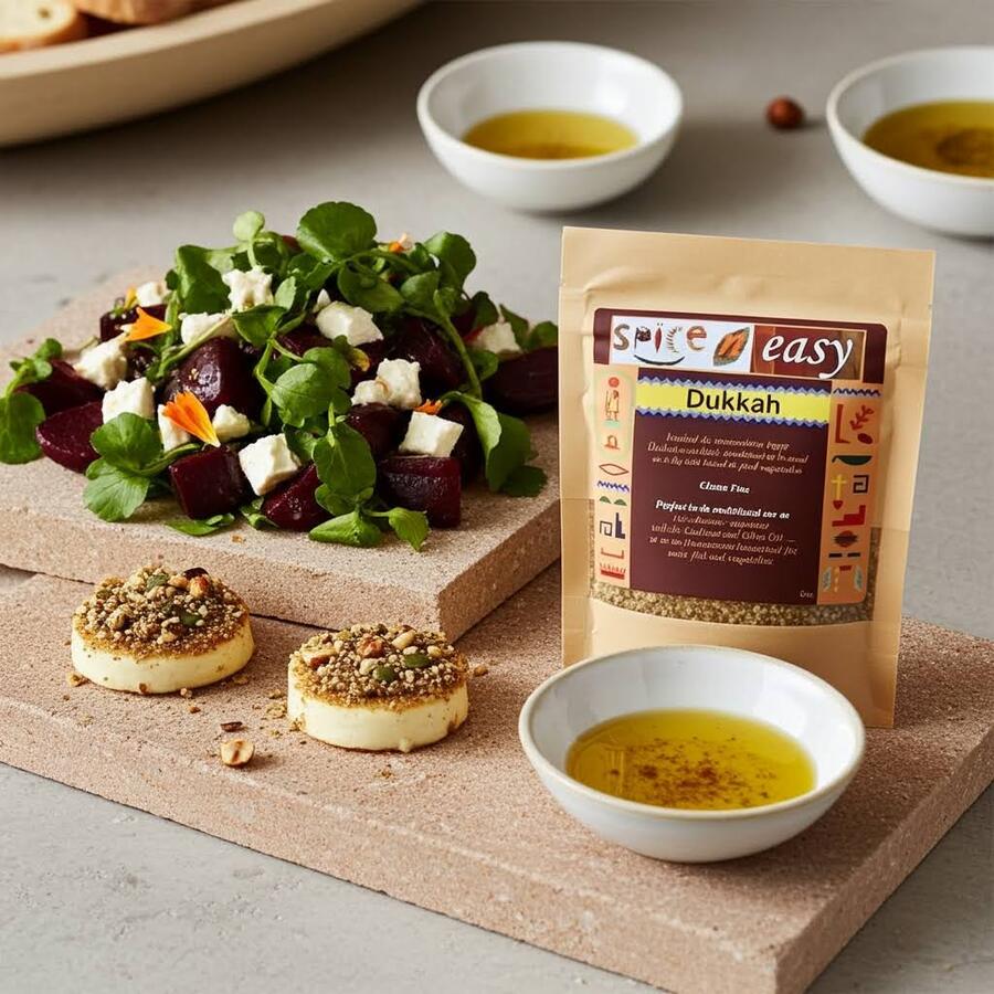 Dukkah pouch on a stone board with beet salad, olive oil bowls, and rounds topped with dukkah.