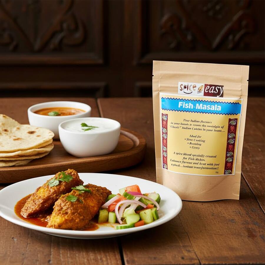 Fish Masala pouch beside plated fish in curry sauce, with salad, flatbread, and small bowls of sauces.