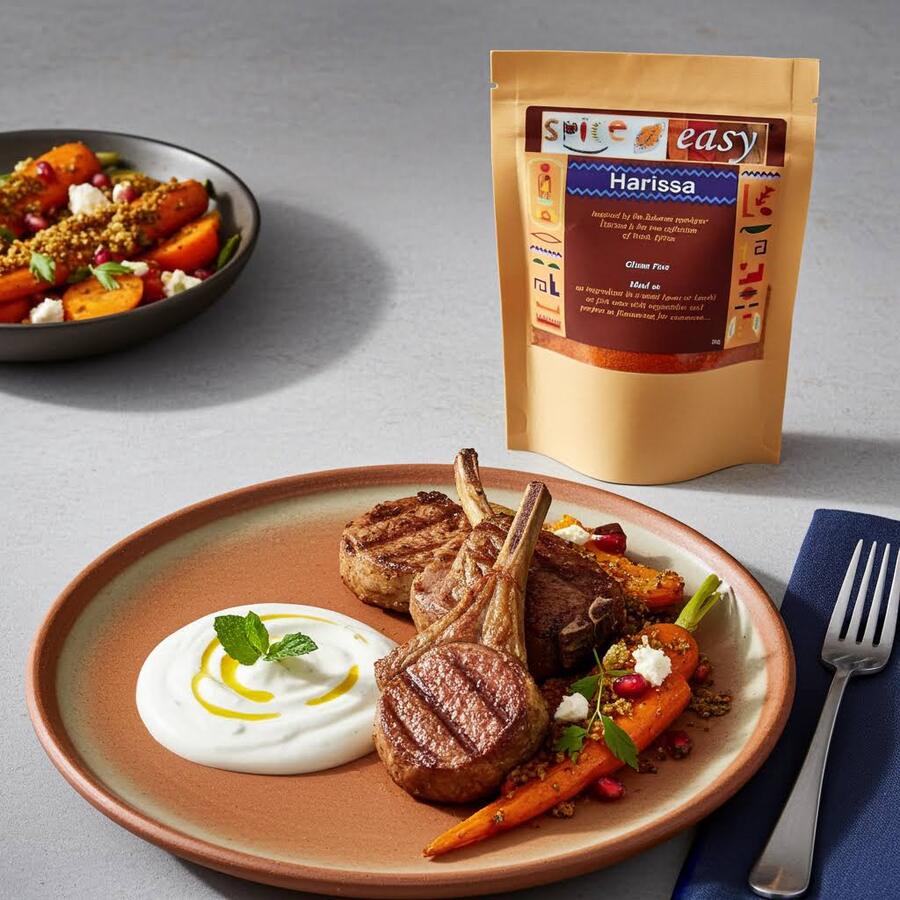 Harissa spice blend pouch behind a plate of lamb chops with carrots and yogurt sauce, with a fork on a napkin.