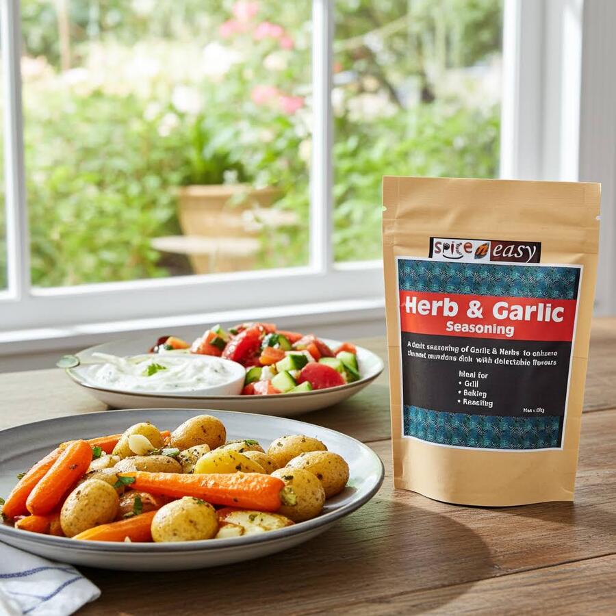 Spice n Easy Herb and Garlic seasoning pouch beside roasted potatoes and vegetables