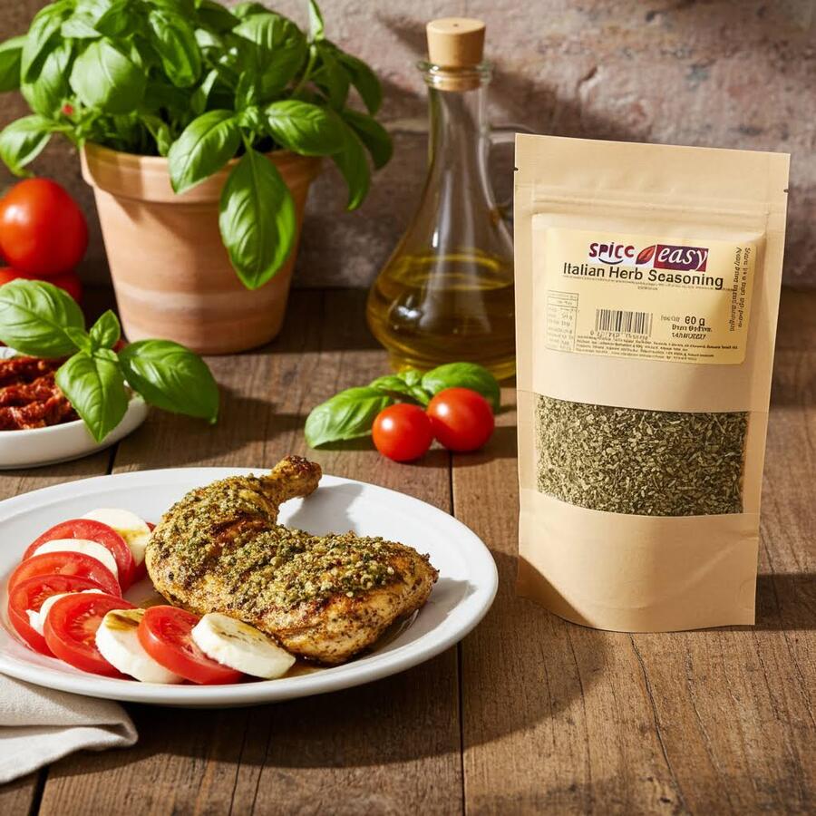 Spice n Easy Italian Herb seasoning pouch beside pasta with tomato-based sauce