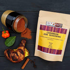 Spice n Easy Caribbean Jerk seasoning pouch standing upright on a dark surface