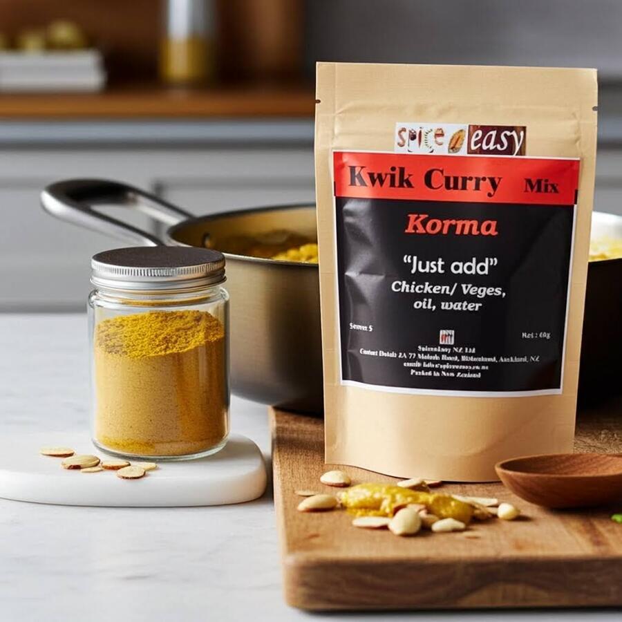 SpicenEasy Kwik Curry korma kit packaging showing mild curry spice sachets