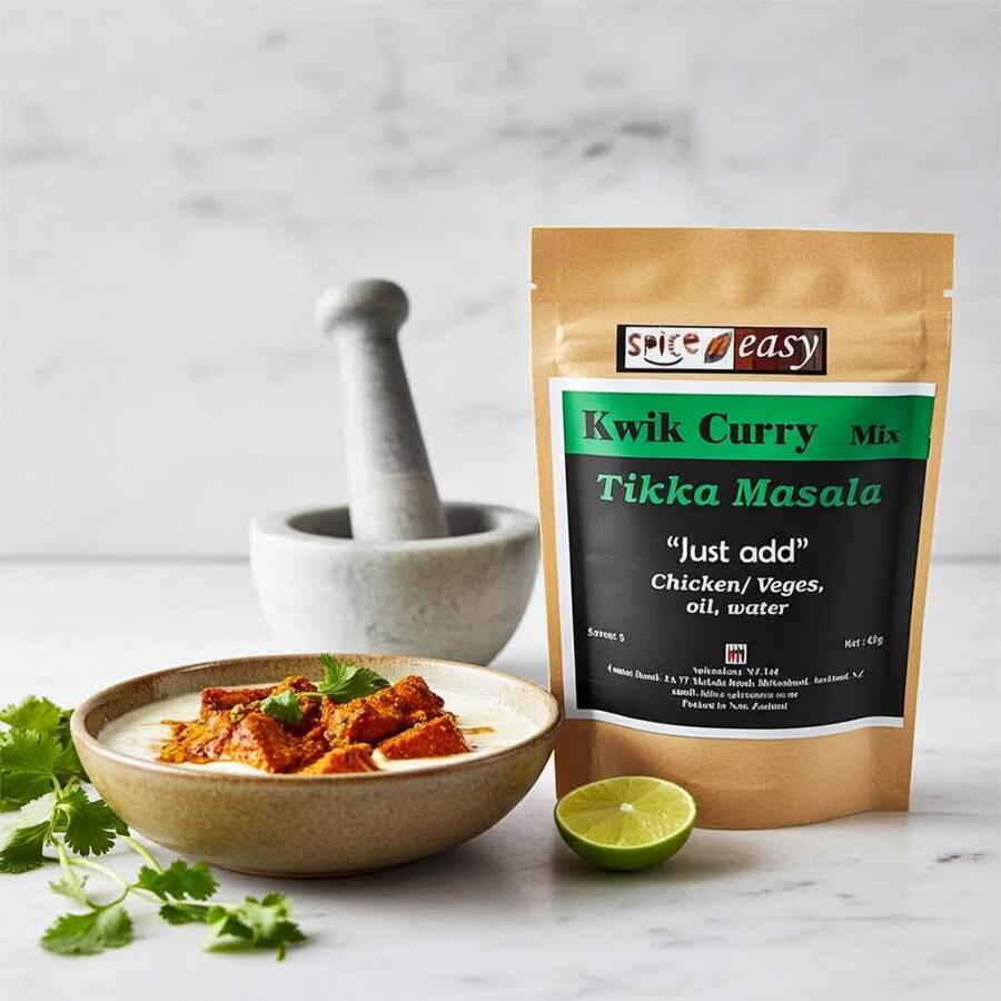SpicenEasy Kwik Curry tikka masala kit packaging showing ready-to-cook spice sachets