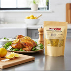 Spice n Easy Lemon Pepper seasoning pouch beside grilled fish with lemon wedges