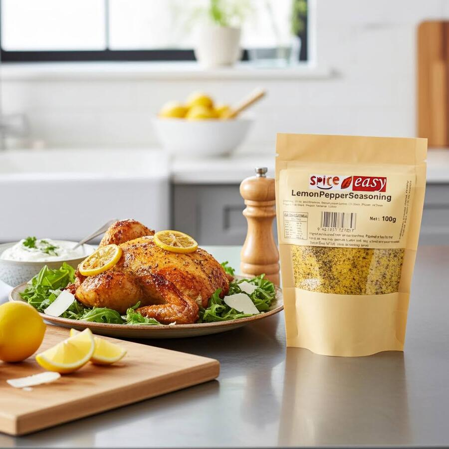 Spice n Easy Lemon Pepper seasoning pouch beside grilled fish with lemon wedges
