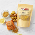 Spice n Easy Lemon Pepper seasoning pouch standing upright on a dark background