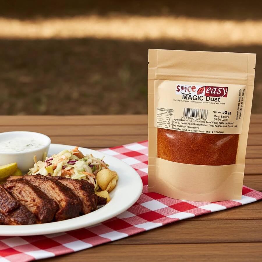 Spice n Easy Magic Dust seasoning pouch beside barbecued meat and sides