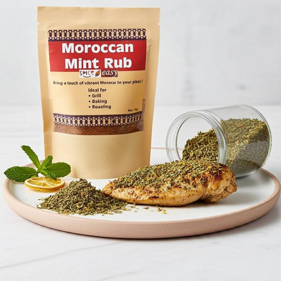 Spice n Easy Moroccan Mint rub pouch standing upright on a dark background