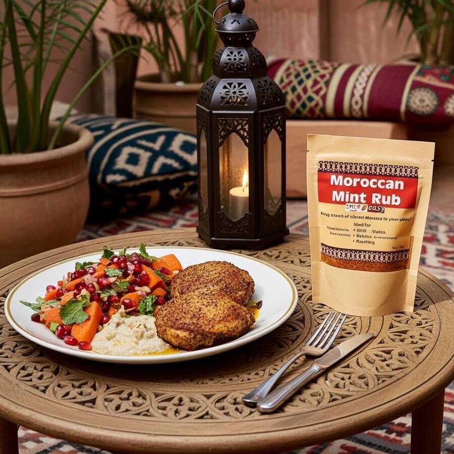 Spice n Easy Moroccan Mint rub pouch beside spiced lamb with fresh herbs