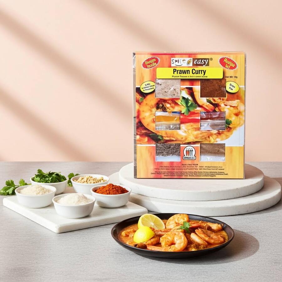 SpicenEasy prawn curry recipe kit packaging showing spice sachets and prawn curry dish
