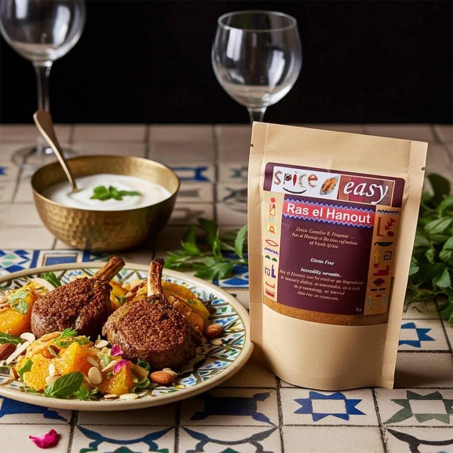 Ras el Hanout pouch beside a plate of lamb chops with citrus salad, with a bowl of yogurt on a patterned table.