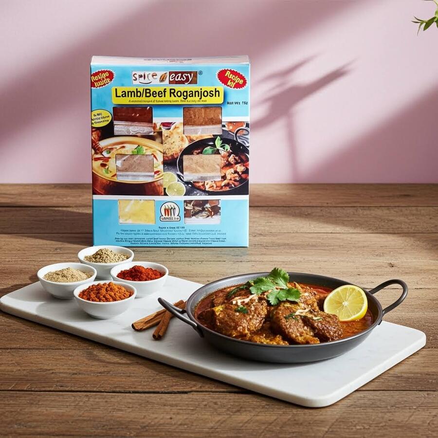 SpicenEasy rogan josh recipe kit packaging showing spice sachets and red curry