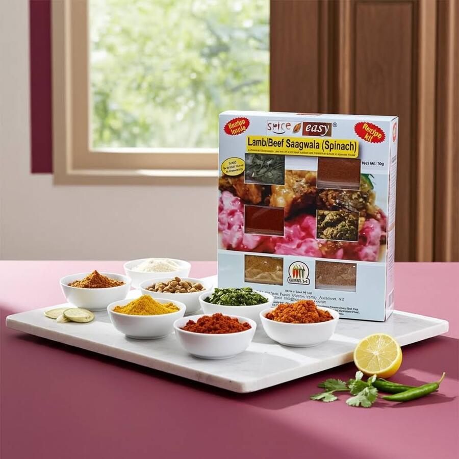 SpicenEasy saagwala recipe kit packaging showing spice sachets and spinach-based curry