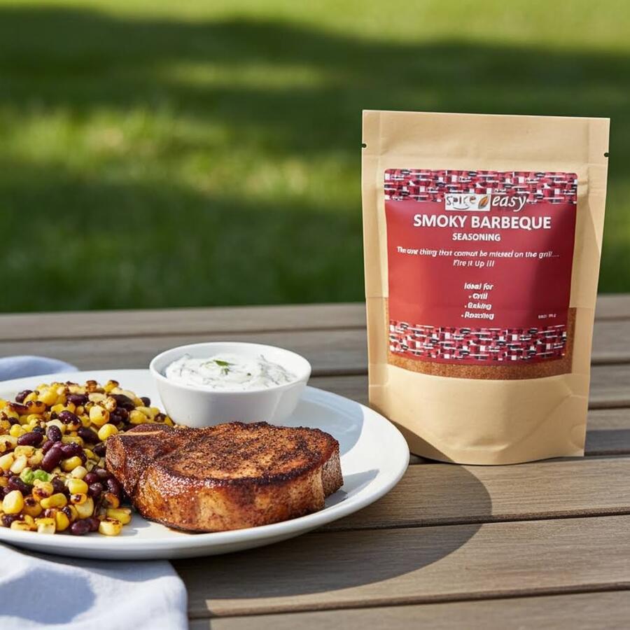 Spice n Easy Smokey BBQ seasoning pouch beside barbecue meats on a grill platter