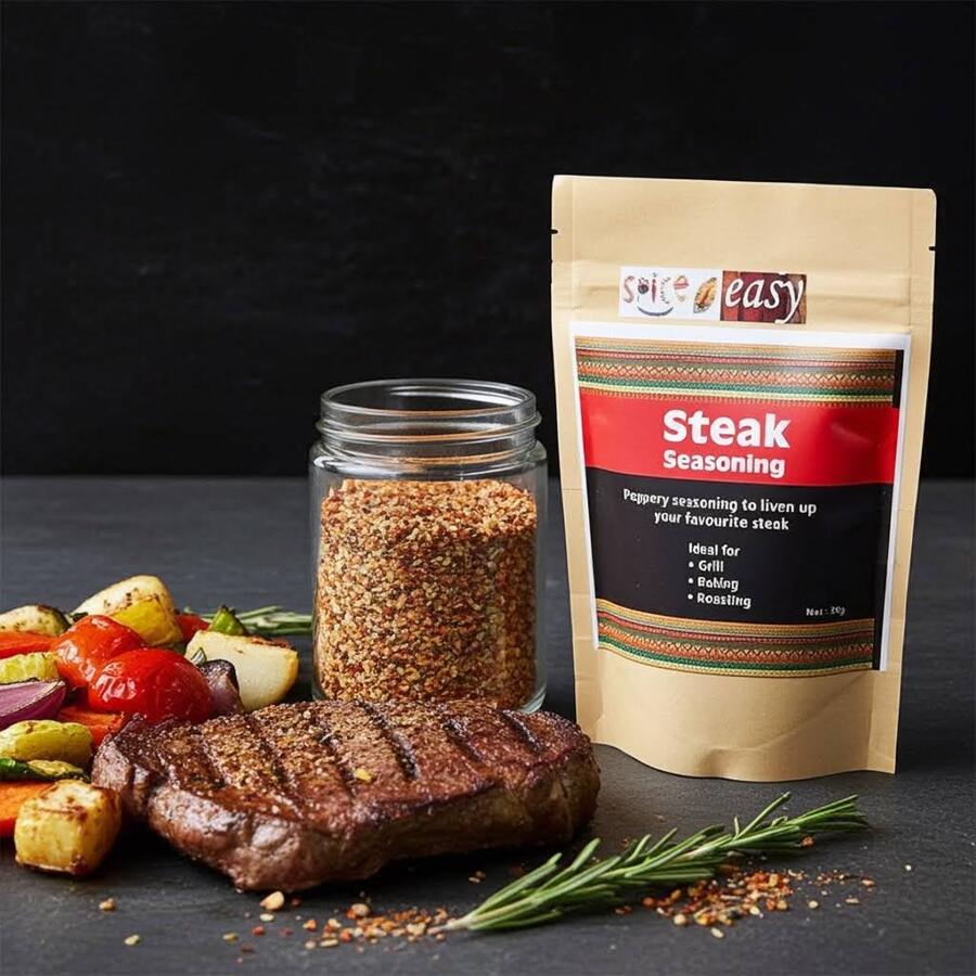 Spice n Easy Steak seasoning pouch standing upright on a dark background