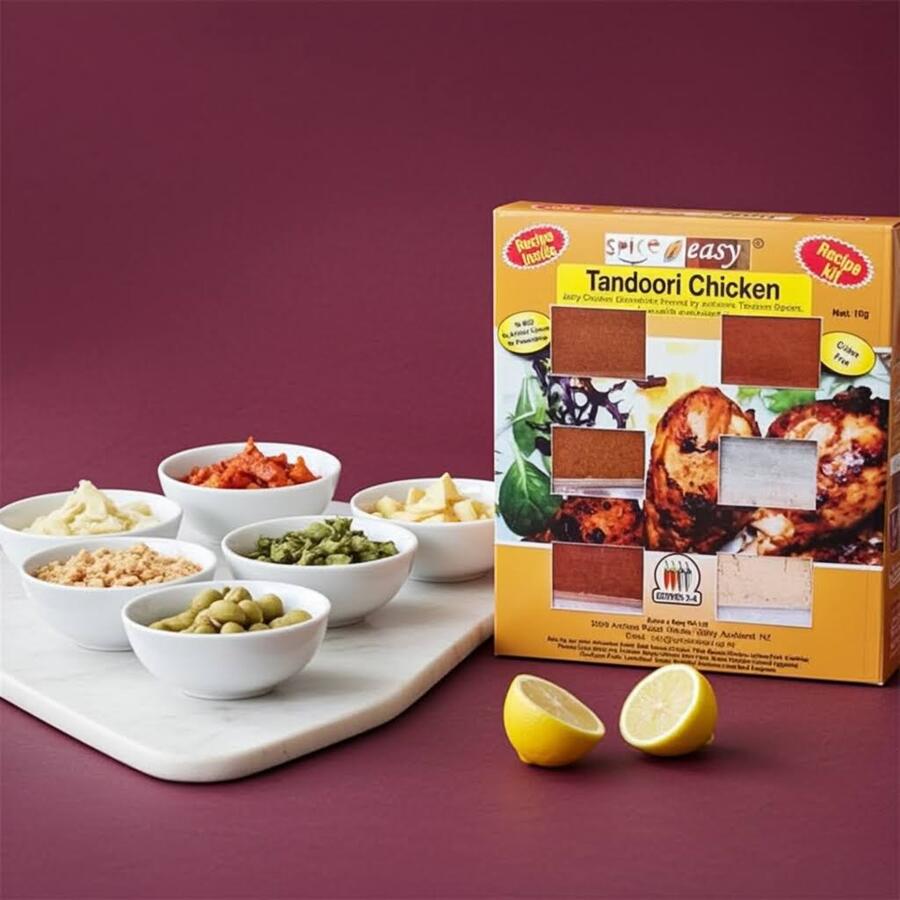 SpicenEasy tandoori chicken recipe kit packaging showing spice sachets and tandoori chicken