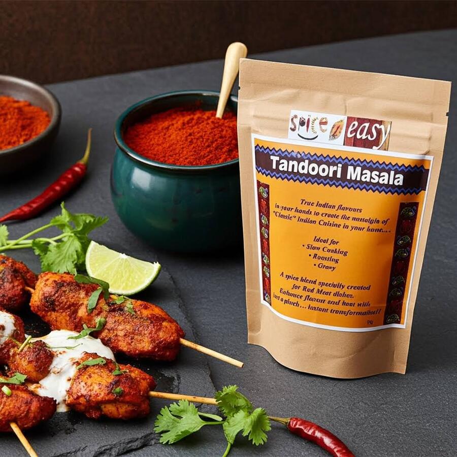 Tandoori Masala pouch beside tandoori skewers, lime, coriander, red chilli, and bowls of red spice.