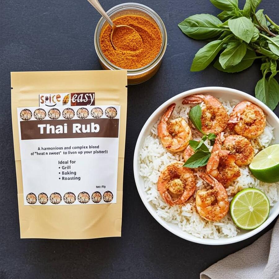 Spice n Easy Thai rub pouch standing upright on a dark background