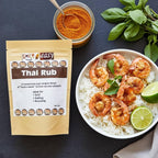 Spice n Easy Thai rub pouch standing upright on a dark background