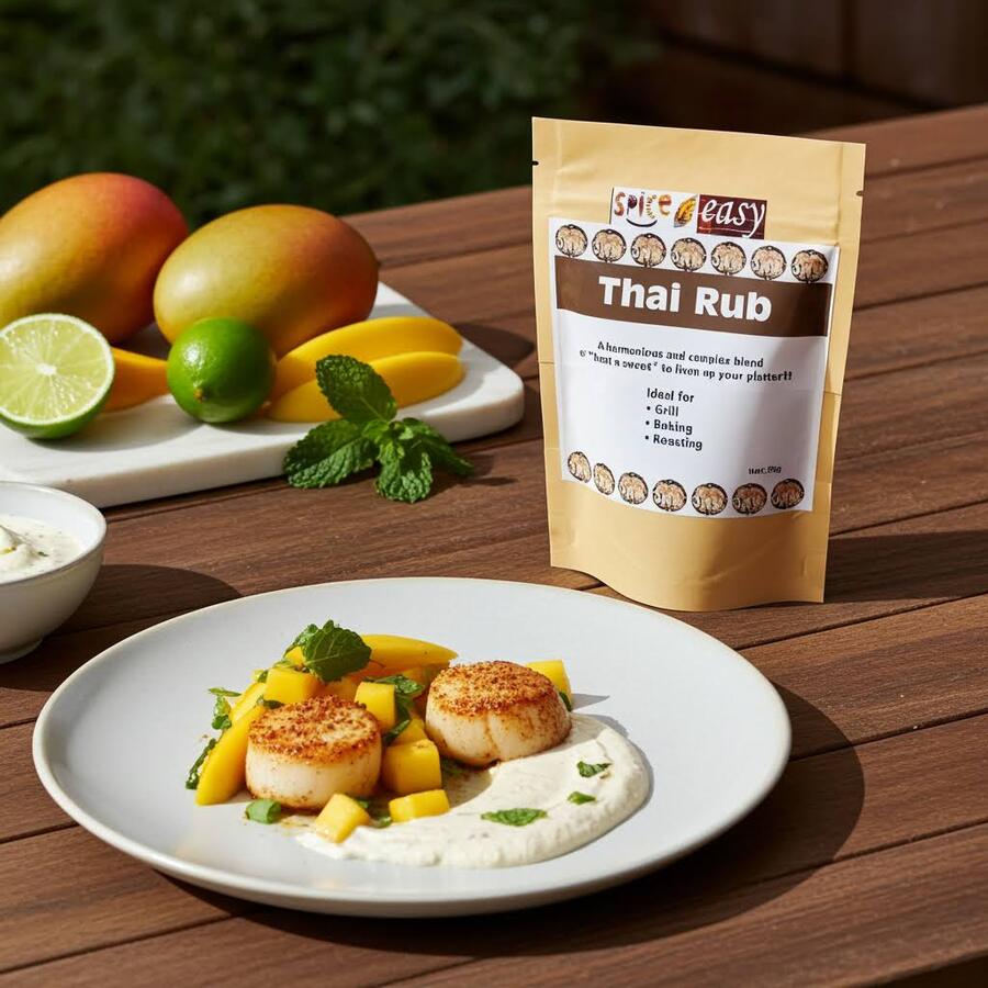 Spice n Easy Thai rub pouch beside Thai-style grilled chicken with herbs