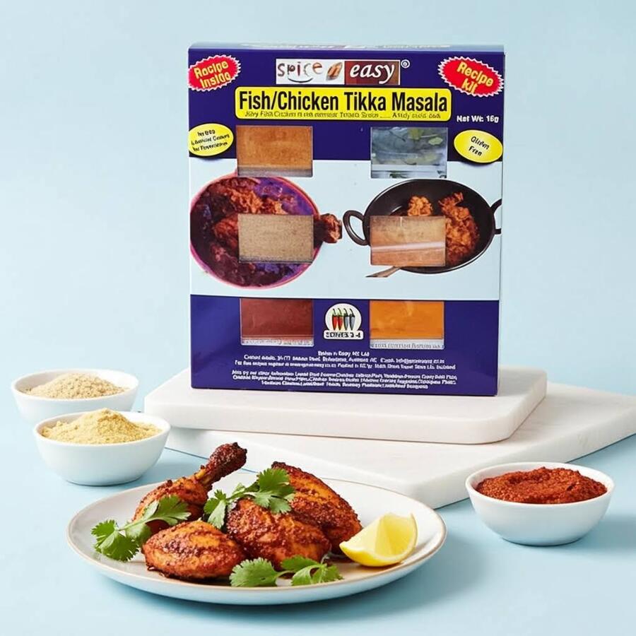 SpicenEasy tikka masala recipe kit packaging showing spice sachets and tikka masala curry